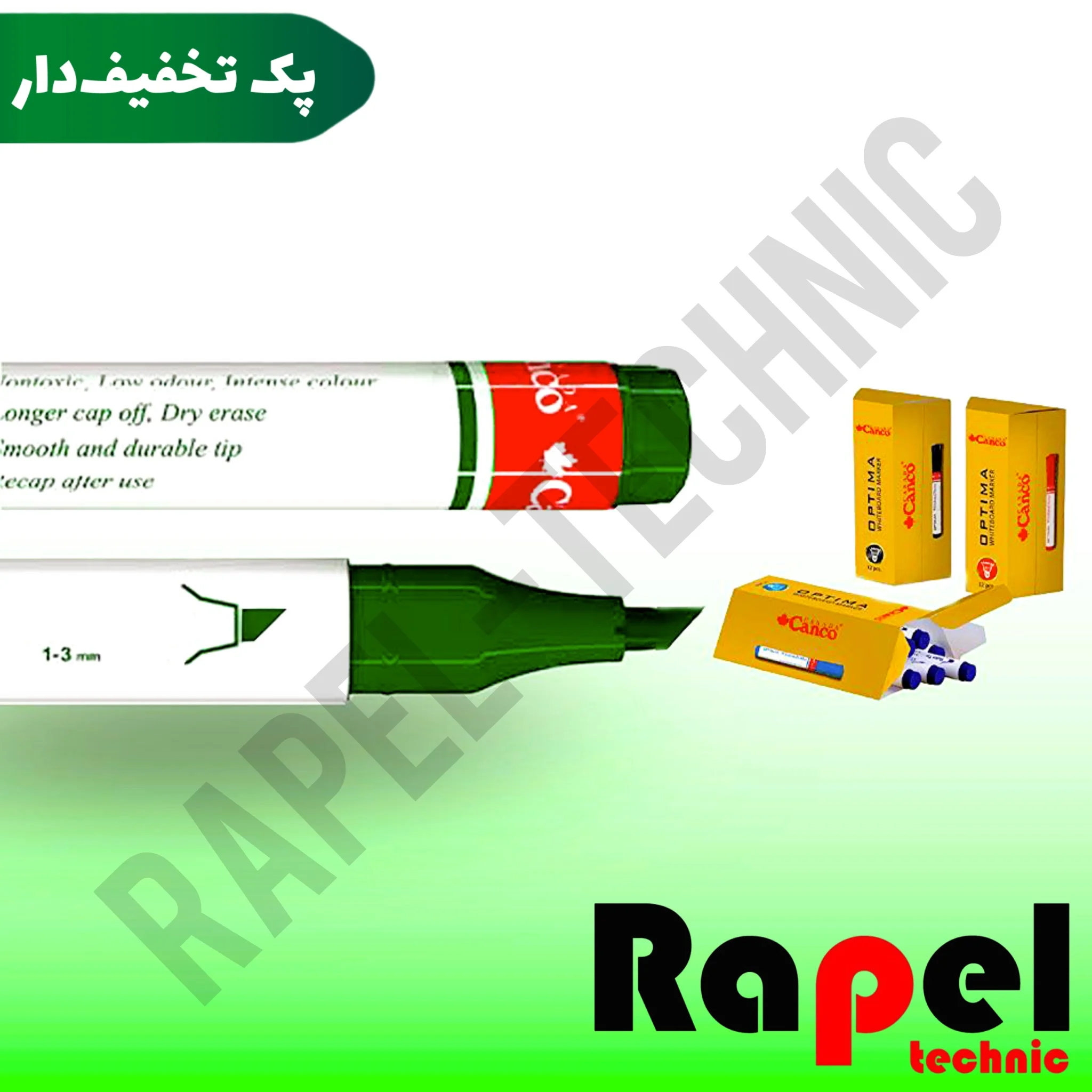 photo-output-95 ماژیک وایت برد سبز اوپتیما کنکو (canco) با نوک تخت با جوهر سبز